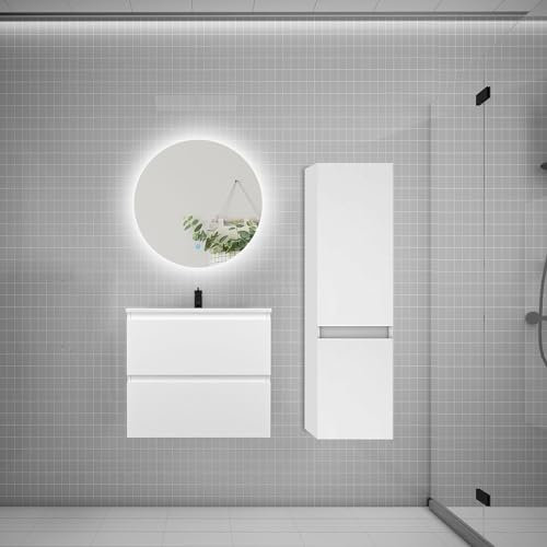 AICA Ensemble Meuble Salle de Bain Simple Vasque 60cm avec lavabo + Colonne + Miroir Rond,Blanc