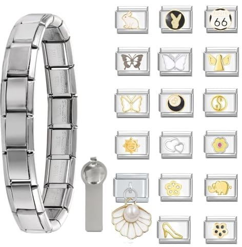 19PCS italian charm bracelet charms set,italian charms armband 9mm Abnehmbare Edelstahl Modul Armband mit Öffnungswerkzeugen,Geschenk für Herren Damen Jungen Mädchen