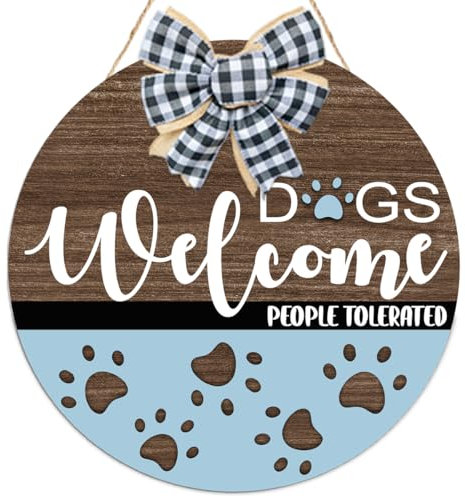 Welcome People Tolerated Dog Front Door Sign,Funny Dog Welcome Wooden Sign,Cute Dog Paw Prints for Dog Lover Home Pet Shop Decor,Dog Wall Decor,Cat Lover Gift