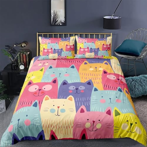 Tabeskly Mädchen Cute Katze Kitty Katzenmotiv BettwäSche Kinder Katzenbettwäsche KinderbettwäSche Bed Duvet Cover Bedding Set 200×200cm