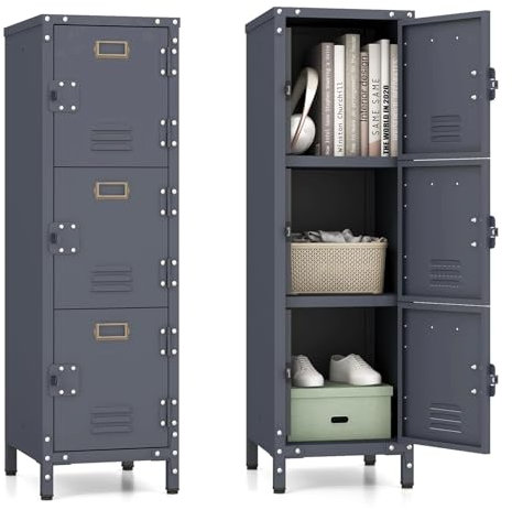 COSTWAY Metall Aktenschrank 30 x 35 x 100cm, Metallschrank mit 3 verschließbaren Türen, verstellbaren Füßen, Kippschutz, Büroschrank Vintage, Lagerschrank für Büro, Schule, Studio