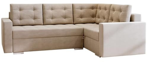 Rechtes Ecksofa mit Schlaffunktion - Elegantes und praktisches Möbelstück für das Wohn- oder Schlafzimmer - Handgefertigt - T30 Schaum - 235 x179x90 cm (Whisper 01 (Cremefarben) (rechtes Ecksofa))