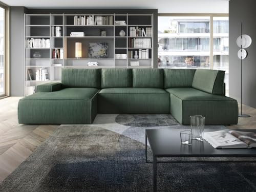 Vente-unique-Große Wohnlandschaft - Ecke Links - Mit Schlaffunktion - Cord - Grün - Amelia