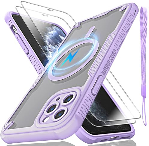 Htlhpxx for iPhone 11 Pro Magsafe Phone Case 5.8-inch-Purple | Translucent Matte Back with Magsafe Magnetic Slim Shockproof Protective Case and Lanyard Strap/2*9H Screen Protector