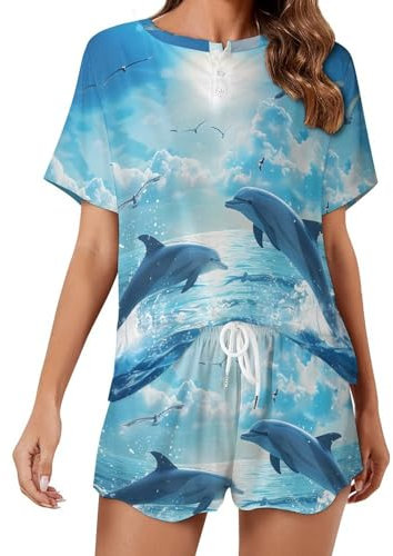 KWQDOZF Delfine springen aus dem Wasser, Pyjama-Set für Damen, Loungewear mit Knöpfen, kurzärmelig, Lounge-Set, weich, bequem, 2-teilig