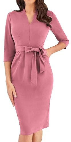 GRACE KARIN Robe de cocktail élégante à manches 3/4 pour femme - Col en V - Coupe ajustée - Robe crayon avec ceinture - Robe d'invité de mariage - Robe de tous les jours, rose clair, M