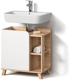 Livinity Mueble bajo Lavabo Marano, Sonoma/Blanco, 60 x 65 cm | con puerta y compartimentos abiertos