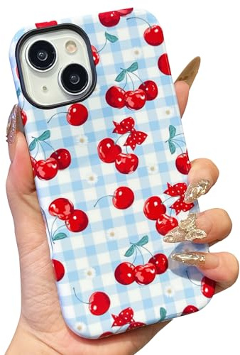 ECZOIL Compatible for iPhone13/14 Case,Cute Aesthetic Trendy Bow Tie Pattern,Shockproof Hybrid Hard Back Phone Cover for Women-Blue Cherry