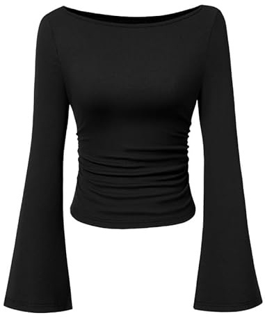 Sukiglam Women's Long Sleeve Shirts Boat Neck Bodycon Ruched Ribbed Tops Casual Basic Tees Ladies Bell Sleeves Fitted Blouse Elegant Stretchy Pullover Autumn Winter Going Out Top Evening Party Outfit