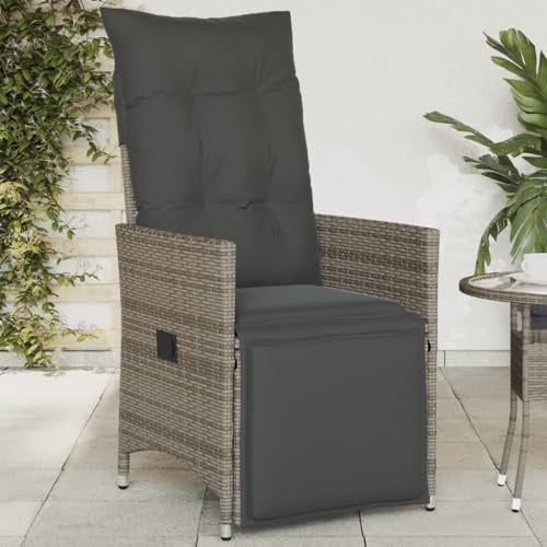 Bucmath Gartensessel Verstellbar mit Kissen Grau, Poly Rattan Loungesessel für Garten Balkon Terrasse, UV-beständiger Outdoor Stuhl mit Verstellbarer Rückenlehne, Bequeme Polsterung