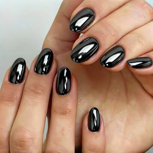 KQueenest Chrome Press On Nails Short Oval, Glazed Black False Nails Almond, High Shine Gel Fake Nails Press ons for Women Salon Quality Manicure in 16 Sizes - 32 Stick On Nail Kit