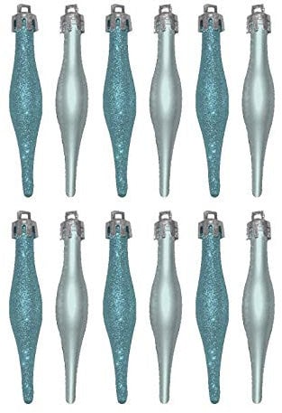 12 x 9cm (3.6) Baby Blue/ICE Blue Glitter + Matt Droplet Christmas Tree Decorations