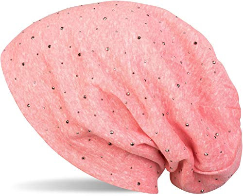 styleBREAKER Damen Beanie Mütze mit edler Strass-Nieten Applikation, Longbeanie Slouch 04024037, Farbe:Koralle meliert