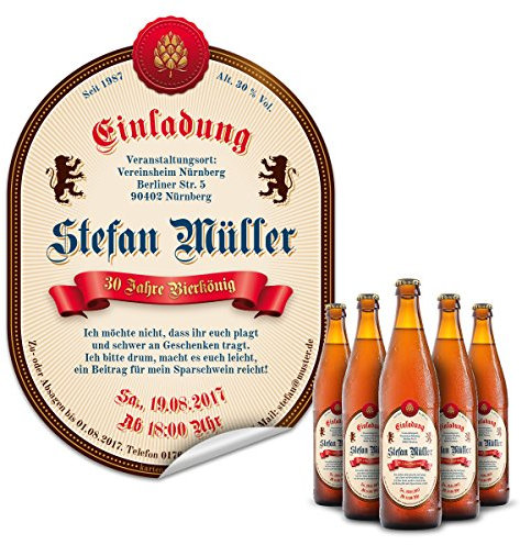 Personalisierte Flaschenetikett als Einladung (10-100 Stück) - Bier Hopfen in Rot – Bieretikett für Bierflaschen