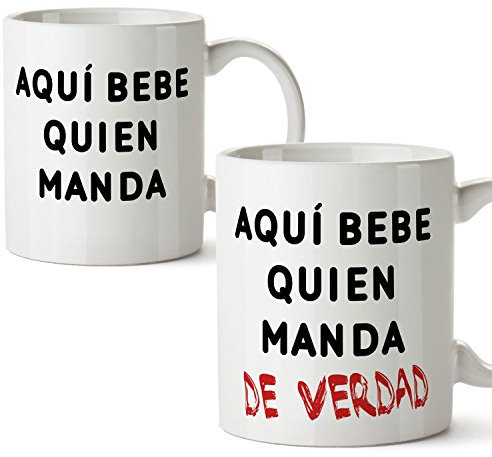 MUGFFINS Pack 2 Tazas - Regalo para Parejas compañeros de Piso o de Trabajo - Regalo Original de Novios y Novias San Valentín y también para Amigos - Aquí Bebe quien Manda