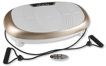 VITALmaxx Vibrationstrainer mit 30 Vibrationsstufen und 3 Programmen und LCD-Display | Ganzkörpertraining zu Hause, inklusive Expanderbänder und Fernbedienung [Champagner]