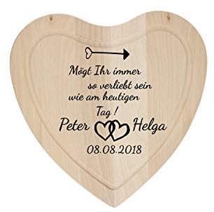 Personalisiertes Schneidebrett mit Gravur zur Hochzeit Holzbrett mit Namen Hochzeitsgeschenk für Brautpaar 28 x 28 x 1cm (Herz-Motiv)