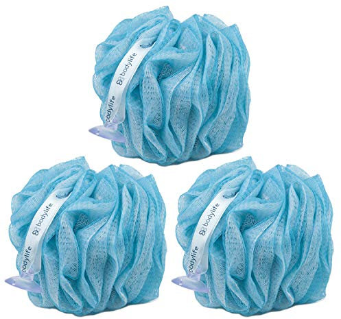 Bodylife Lot de 3 fleurs exfoliantes pour le bain et la douche Bleu et blanc 55 g