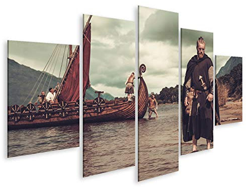 islandburner, Bild auf Leinwand Wikinger-Krieger mit Schwert bei Drakkar am Meer. Wandbild Leinwandbild Kunstdruck Poster 170x80cm - 5 Teile