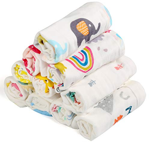 BelleStyle Muselinas Bebe Algodon, 10 Piezas Toalla Facial Infantil, 30 * 30 CM Suaves Gasas para Bebes, Dibujos Animados Paños De Muselina para Niños