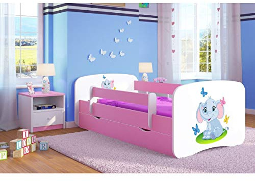 KOCOT Baby Dream Kinderbett Jugendbett Pink mit Rausfallschutz Matratze Schublade und Lattenrost - 57 Motive (140x70, Elefant)