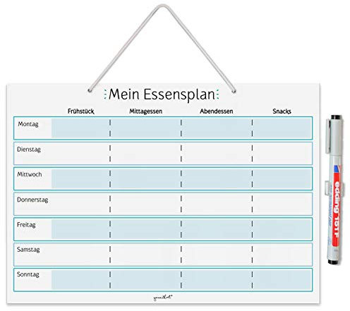 Mein Essensplaner zum Aufhängen in DIN A4 I Whiteboard Planer für die ganze Woche I abwischbar I Blau I mit Aufhängung, Stifthalter und Stift I dv919