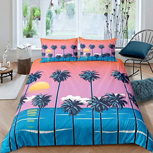Loussiesd Palm Tree Bedding Set for Girls Boys Children Sunset Comforter Cover Ocean Beach Duvet Cover Palm Trees Room Decor Hawaiian Tropical Island Bedspread Cover Double Size Bedding 3Pcs