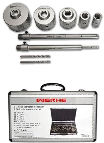 Scies à béton 9 pièces en coffret. Perceuse Ø 30 40 65 80 100 mm, carotteuse avec tige conique pour mur en pierre de ciment, foret de guidage, adaptateur de rallonge 300 mm SDS.