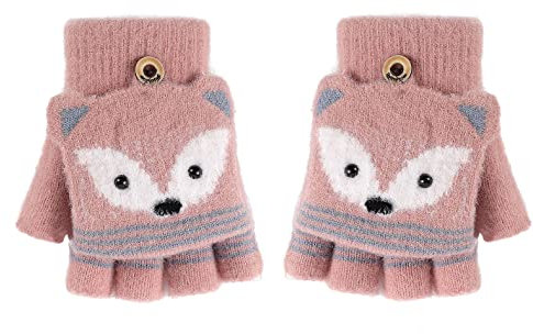 AfinderDE Kinder Fausthandschuhe Mädchen jungen Abnehmbare Klappe Strickhandschuhe Fäustlinge Handschuhe Fingerhandschuhe Fingerlos Halb Handschuhe Strick Handschuhe Winterhandschuhe (Rosa 5), L
