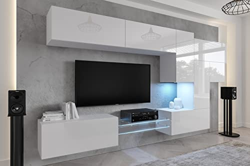 Furnitech Wohnwand Wohnzimmer | Hängend Wohnwand Modern | Wohnzimmer Schrankwand mit Regale und TV Schrank | Wohnzimmer Möbel ohne LED (AN92NEW-21W-HG2)
