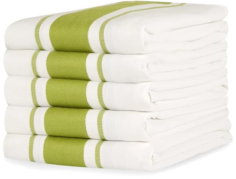 Sticky Toffee 100% Cotton Tea Towel - Pepper Green Stripe Pattern, Pack of 5 | Kitchen Towel Set | Absorbent, Strong, Quick Dry & Machine Washable | Home Decor & Bathroom Accessories