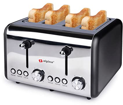 alpina Tostadora – 4 rebanadas de pan – 230 V/1500 W – 6 niveles de tostado – Descongelar – Calentar – Tostadora – Plata
