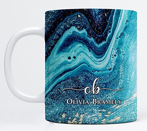 EKAM Personalised Marble Mug Initial with Name - Customised Gift for Mum, Dad, Kids or Girls - Tea Coffee Mug (11oz) (Sea Green Marble)