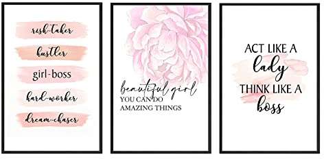 Set of 3 Framed Pink Floral Motivational Quotes - Inspiring Wall Art for Girl Room Office Living Room Decor