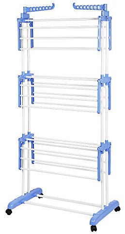 Tendedero de ropa, 3 niveles grande secadora plegable con ruedas, acero inoxidable para secadora, tendedero para interior y exterior, 75 x 64 x 170 cm (azul y blanco)