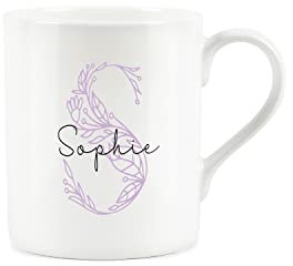 Personalised Bone China Mug - Floral Pink Letter S Initial Gift - Small Coffee Tea Cup Present