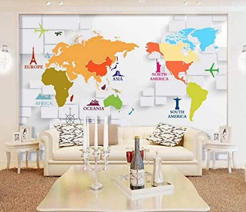 Papel Pintado Fotográfico Mural Autoadhesivo 3D Mapa Del Mundo De Colores Geométricos Retro Pósteres De Pared Artística Para Pared, Pegatinas De Pared Para Sala De Estar, Tv, 350(ancho) x256(alto) cm
