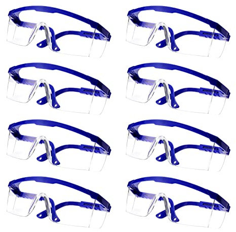 KALUROIL 8 Pack Schutzbrillen Transparent mit Gummieinsatz an Nase und Ohren für sicheren Schutz - Augenschutzbrille Sicherheitsbrille Laborbrille kratzfeste Linsen(Blau)