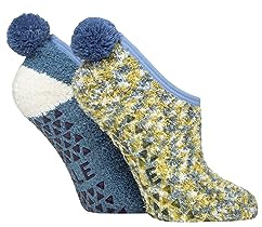 ELLE Women's Cosy Slipper Socks - Mary Jane, Pom Poms, Anti Slip Grips, Warm,Winter, Colourful, Bright, Size 4-8 Multipack of 2 Autumn Apple
