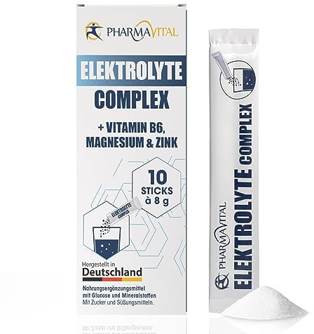 PharmaVital Elektrolyte Complex Vitamine und Elektrolyte, unterstützt Wasserhaushalt, Nervensystem, mit Vitamin B6 Kalium Chlorid Magnesium Zink Natrium, 10 Pulversticks je 8g zum Auflösen in Wasser