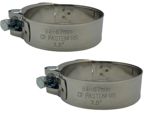 CF FASTENERS Exhaust & Hose Clamps (X2), 2.5 Inch (64-67mm), Slim-Line Strong Anti-Rust, Stainless Steel, Heavy Duty, Adjustable, Smooth Edge Hose clamp for Downpipe, Muffler, Intercooler, Intake.