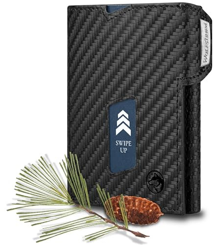 Wolfstrøm Slim Wallet mit Münzfach 'Ludvig' I 7+1 Karten Mini Geldbörse Herren klein, RFID Blocker I Damen Herren Portemonnaie klein I Credit Card Holder Geldbeutel Herren klein – Carbon