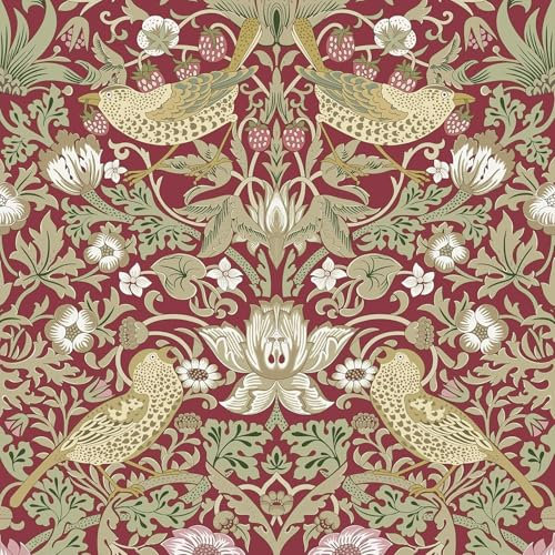 HueBurst Red Vintage Peel and Stick Wallpaper 17.7 x 118in William Morris Strawberry Birds Wallpaper Removable Wall Paper Self Adhesive Waterproof Contact Paper for Living Room Kitchen Decor