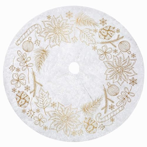 Weihnachtsbaum Rock Unter Christbaum Groß 120 cm Durchmesser Rund Weißer Plüsch Weihnachtsdeko Tannenbaum Decke Unterlage mit Klettverschluss Model Goldene Zweige [165]