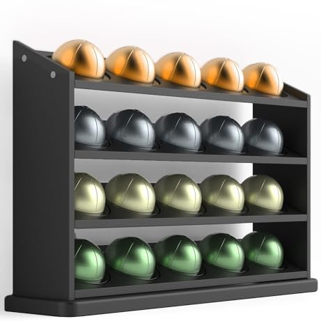 GALVANOX 20 Pod Organizer Shelf, Compatible with Nespresso Vertuo Pods Holder (Bamboo Wood) Freestanding Counter Storage Rack, Holds 20 Vertuoline Coffee Capsules (4 Tier), Black