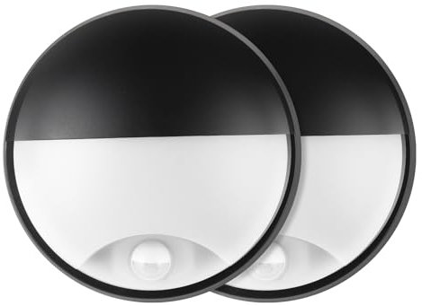 M EGA MEGACUBE 18W LED 4000K IP65 Flush Wall Lamp Semiccircle Schott-Lampe mit Bewegungsmelder PIR für Innen Außen Bad Büro Flur Flur Utility Schuppen Werkstatt Schwarz - 2 Stück