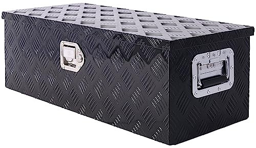 SPOFLYINN 30 Inch Aluminum Truck Bed Toolbox Waterproof Storage Pick Up Truck Bed RV Trailer Toolbox with Side Handle Lock Keys Black