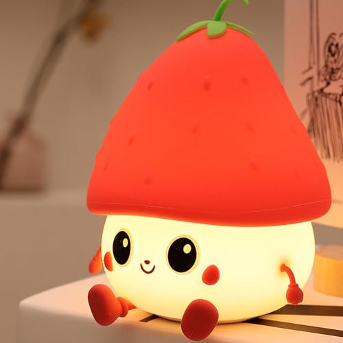 Veilleuse Fraise pour Enfants en Silicone Mignonne - Lampe de Chevet Rechargeable, Lumières Pépinière, Décor pour Bébés Tout-Petits Filles (Rouge)