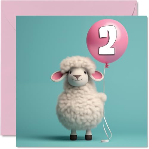Geburtstagskarte zum 2. Geburtstag für Mädchen und Jungen – Schaf-Ballon – Happy Birthday Karte 2 Jahre altes Mädchen Jungen, zweite Geburtstagskarte für Sie und Ihn, 145 mm x 145 mm, Grußkarten für