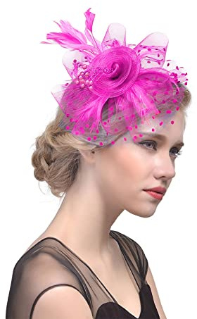 Faszinator Damen Hut, Schleier Mesh Stirnband, Kirche Haarschmuck, Hochzeit Mesh Stirnband, Fascinator Braut Kopfschmuck, Cocktail Mesh Headwear, Hochzeit Stirnband mit Federn (01-Hot Pink, One Size)